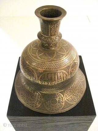 Mamluk revival hookah base (or possibly candle holder?), in brass, 19th C., Egypt or Syria. Elaborately and elegantly hand decorated.             