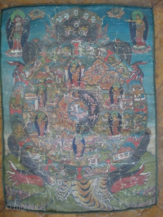 VERY OLD RARE TIBET THANGKA PAINTING: Tibetan Wheel of Life (Bhavacakra).
Tibetan oil painting on canvas of the Wheel of Life commonly seen throughout Tibet and the Himalayas.It illustrates in detail the essence  ...