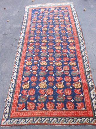 Caucasian Seichur Kuba, 3-8 x 8-2 (1.12 x 2.49), Mid 19th century, blacks oxidized, rug was hand washed, wear, cut across the center width and rejoined(pics #7,#8), probably reduced, very nice colors,  ...