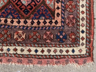 Persian Jaf Kurd bag face, late 19th century, 1-10 x 1-11 (56 x 58), rug was hand washed, good condition, good pile, nice purple border, browns oxidized, plus shipping.    