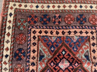 Persian Jaf Kurd bag face, late 19th century, 1-10 x 1-11 (56 x 58), rug was hand washed, good condition, good pile, nice purple border, browns oxidized, plus shipping.    