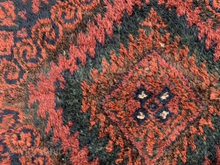 Persian Baluch Mushwani bag face, late 19th century, 1-11 x 2-2 (58 x 66), rug was hand washed, minor end loss, fantastic dark green, 2 small moth damage, good pile, plus shipping. 