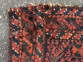 Persian Baluch Mushwani bag face, late 19th century, 1-11 x 2-2 (58 x 66), rug was hand washed, minor end loss, fantastic dark green, 2 small moth damage, good pile, plus shipping. 