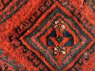 Ersari Turkoman Torba, early 20th century, 1-6 x 3-6 (46 x 107), rug was hand washed, 4 small holes, wear, end loss, good handle, blacks oxidized, nice dark green, plus shipping.  