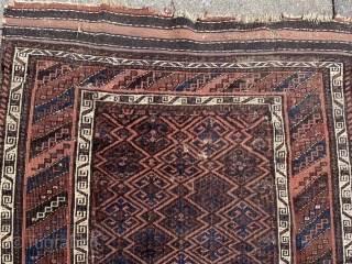 Persian Baluch, late 19th century, 3-2 x 6-8 (97 x 203), rug was hand washed, browns oxidized, floppy handle, 5 small holes, even wear, original edges, original kilim ends 3” and 5”,  ...