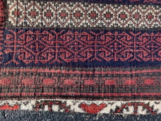 Persian Baluch Salt (Namakdan) bag, late 19th century, 1-3 x 1-11 (38 x 58), rug was washed, soumac front, kilim back, pile bottom skirt, nice handle, excellent work, slight dye run in  ...