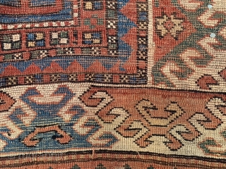 Caucasian Kazak Karatchoph/Bordjalou, late 19th century, 4-8 x 7-2 (142 x 218), rug was hand washed, browns oxidized, worn, original side bindings, one end original braiding, original ends, nice colors, super green,  ...