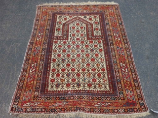 Caucasian Daghestan Prayer rug, late 19th century, 3-11 x 4-8 (1.19 x 1.42), original ends with knotted fringe, original edges, good condition, 2 small creases, browns oxidized, I washed this rug, two  ...