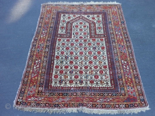 Caucasian Daghestan Prayer rug, late 19th century, 3-11 x 4-8 (1.19 x 1.42), original ends with knotted fringe, original edges, good condition, 2 small creases, browns oxidized, I washed this rug, two  ...