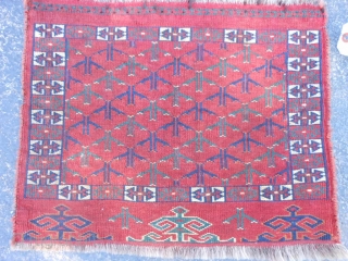 Turkomen Yomud bag face, 1-2 x 1-6 (.36 x .46), earl 20th century, very fine weave, very good condition, nice green/blue, I washed this piece.        
