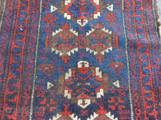 Persian Baluch Balisht, late 19th century, 1-10 x 2-10 (.56 x .86), missing ends, missing sides, hand washed, decent pile, browns oxidized, sky blue and navy blue, floppy handle, no rot, plus  ...