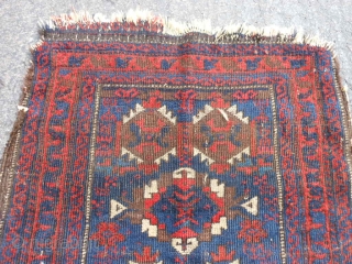 Persian Baluch Balisht, late 19th century, 1-10 x 2-10 (.56 x .86), missing ends, missing sides, hand washed, decent pile, browns oxidized, sky blue and navy blue, floppy handle, no rot, plus  ...