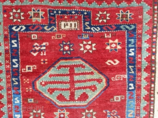 Caucasian Kazak Prayer Rug, 3-1 x 4-4, good even pile, some slight wear, good colors, late 19th century,original edges, bottom missing barber pole guard border,rug is dated, ends have been overcast, I  ...