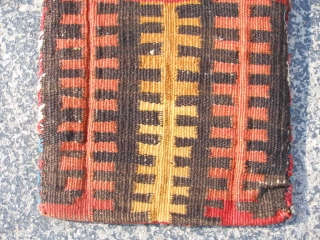 Persian Lori/Bakhtiar Chanteh Soumak bag, 7" x 7", late 19th century, weft wrapping technique, small discolored area top left border, good condition, comb design kilim back, nice colors.     