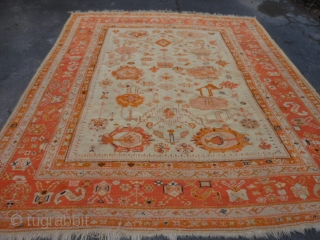 Turkish Oushak, late 19th century, 9-1 x 10-11 (2.77 x 3.33), good condition, original ends and edges, great colors, rug is clean, good pile, some wear, wool foundation, some old small repairs,  ...