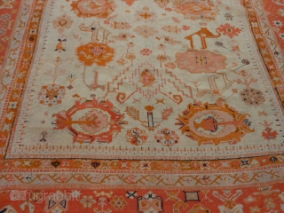 Turkish Oushak, late 19th century, 9-1 x 10-11 (2.77 x 3.33), good condition, original ends and edges, great colors, rug is clean, good pile, some wear, wool foundation, some old small repairs,  ...