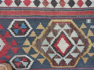 Caucasian Shirvan Kilim, 4-10 x 8-11 (1.47 x 2.72), late 19th century, original ends, good colors, slit tapestry weave, browns oxidized a lot, edges need work,       