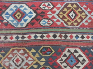 Caucasian Shirvan Kilim, 4-10 x 8-11 (1.47 x 2.72), late 19th century, original ends, good colors, slit tapestry weave, browns oxidized a lot, edges need work,       