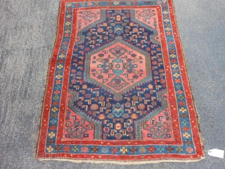 Persian Hamadan, 3-7 x 4-9 (1.09 x 1.45), early 20th century, good condition, good pile, has original selvage both ends, edges need some wrapping, nice colors and design, I washed this rug. 