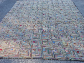 American Hooked Rug, 8-11 x 11-3 (2.72 x 3.43), circa 1920, cotton fabric, good condition, Log Cabin Design, slight wear on binding (see picture), 2" x 2" on edge needs reweaving (see  ...