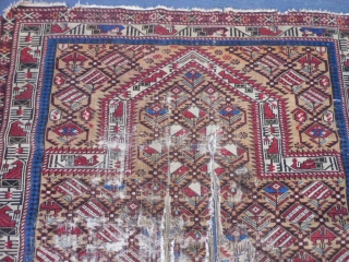 Caucasian Marasali Shirvan Prayer, late 19th century, 4-1 x 4-9 (1.24 x 1.45), end loss, holes, worn, not hard, no rot, rug was washed, plus shipping.       