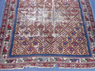 Caucasian Marasali Shirvan Prayer, late 19th century, 4-1 x 4-9 (1.24 x 1.45), end loss, holes, worn, not hard, no rot, rug was washed, plus shipping.       