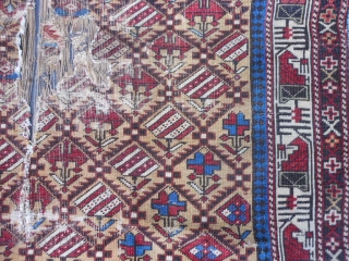 Caucasian Marasali Shirvan Prayer, late 19th century, 4-1 x 4-9 (1.24 x 1.45), end loss, holes, worn, not hard, no rot, rug was washed, plus shipping.       