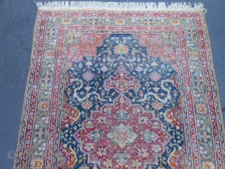 Silk, early 20th century, 4-0 x 5-10 (1.22 x 1.47), cotton warps, ends and edges original, fine weave, worn, rug is clean, plus shipping.         