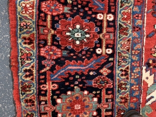 Persian Heriz, early 20th century, 11-8 x 20-8 (356 x 630), very good condition, full pile, original side bindings, original ends, rug was professionally washed, good crisp colors, high definition pics available,  ...