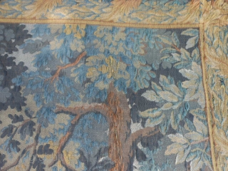 Flemish Tapestry, Late 19th Century, 6-11 x 7-9 (2.11 x 2.36), Forest Meadow Scene with Animals, clean, rings on back for hanging, some wear, some old repairs, plus shipping.    