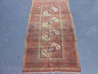 Persian Baluch, late 19th century, 2-10 x 5-2 (.86 x .57), has part of kilim ends, worn, holes, old repairs, great purple, rug was washed, plus shipping.      