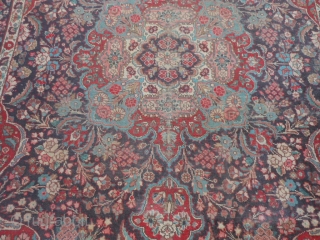 Persian Tabriz, early 20th century, 7-6 x 11-0 (2.29 x 3.35), rug has been washed, no hard spots or rot or smells, minor end loss one end, wear, 2" hole, red dye  ...