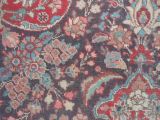 Persian Tabriz, early 20th century, 7-6 x 11-0 (2.29 x 3.35), rug has been washed, no hard spots or rot or smells, minor end loss one end, wear, 2" hole, red dye  ...