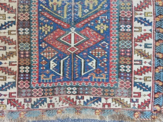 Caucasian Shirvan runner,  3-1 x 10-8 (.94 x 3.25),  circa 1870, great colors, wear, both edges rough in places, one end missing minor guard border, browns and blacks oxidized, many  ...