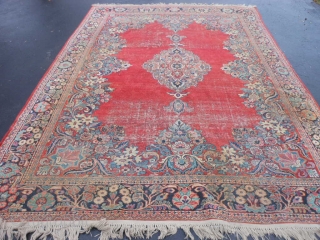 Persian Sarouk, circa 1940, 8-9 x 11-9 (2.67 x 3.58), original ends and edges, worn, no holes or rot or hard places, sewn on fringe, rug was washed, plus shipping.   