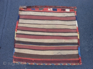 Persian Veramin Kilim bag, late 19th century, 2-2 x 2-2 (.66 x .66), good condition, slit tapestry weave, needs wash, interesting striped back, last pic notice striped back was shorten about 2  ...