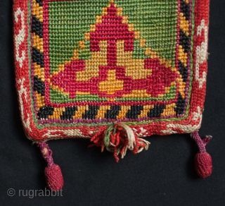 Uzbekistan Lakai silk cross stitch belt, 19th century. Great lively colors.  It even still has the silk knotted "buttons" on the bottom end.  11 x 87 cm    