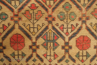 Shirvan small rug in square-like format, 19th century.  This rug was woven in an unusual format without the mihrab. The lattice scheme is populated with a variety of floral motifs. It  ...