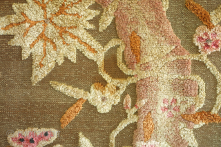 Ningxia Silk and Metallic thread rug, 3rd quarter of the 19th century.  Luxuriant color combination.  Depiction of a crane, symbolizing longevity, and a phoenix, the embodiment of fortuitous omens. Note  ...