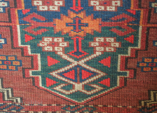 Yomut torba in Chodor design, late 19th century. The weave is very fine.  Each medallion is two-toned with a deep green juxtaposed on the bottom of one and the top half  ...