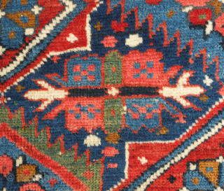 Kuba rug, 19th century.  Stunning saturated colors.  This Kuba rug is brimming with a variety of palmettes and medallions. Striking kufic border. Excellent condition. 128 x 213 cm.  Contact  ...