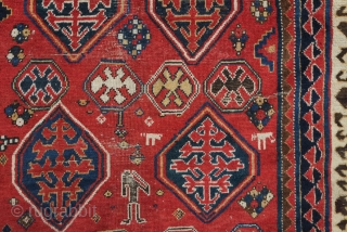 Borchalu Kazak rug, 19th century. Archaic trees inside medallions. There is a headless human figure at the bottom of the rug. Some wear in the center but good pile all around the  ...