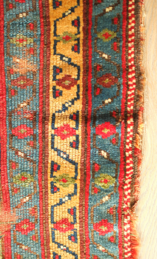 Sauj Bulak fragment, 19th century.  Absolutely fantastic saturated natural colors and silky soft wool. A mesmerizing piece even as it is. 111 x 183 cm       