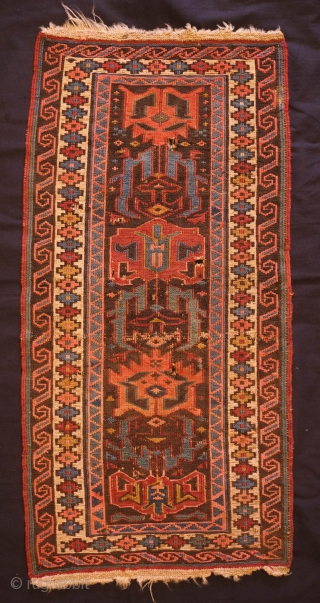 Vagireh Soumak sampler, greater Azerbaijan area, 1900 or so.  Unusual size and fantastic dragon designs.  Some chemical colors as seen in a pink from the back and muted natural, somber  ...