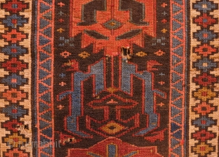 Vagireh Soumak sampler, greater Azerbaijan area, 1900 or so.  Unusual size and fantastic dragon designs.  Some chemical colors as seen in a pink from the back and muted natural, somber  ...