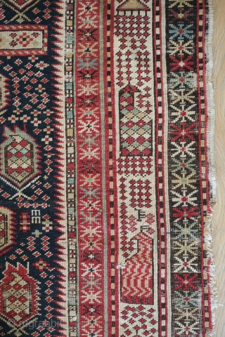 Marasali-Shirvan Prayer rug, 1880s or so.  Birds in the borders.  Overall boteh motifs with animals in a few locations.  Beautiful color combination mostly if not all natrual dyes.   ...