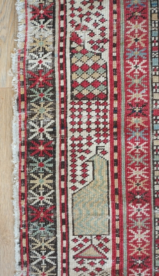 Marasali-Shirvan Prayer rug, 1880s or so.  Birds in the borders.  Overall boteh motifs with animals in a few locations.  Beautiful color combination mostly if not all natrual dyes.   ...