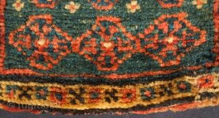 Qashqa'i Chanteh, 19th century.  Deep green-blue ground.  Vivid striped back.  Well executed soumak work on the top.  All good colors.  Selvedge missing and there is a small  ...