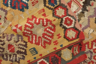 Sebinkarahisar kilim, 3rd to 4th quarter of the 19th century. It bears a rare four mihrab design. Trees of life surround the mountain-like prayer niches. Note some areas of wear. 168 x  ...