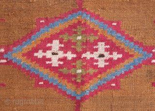 Shushtar Bakhtiyari kilim, 19th century.  Camel wool ground.  Very floppy, fine feel. Wonderful colors.  Unusual size.  91 x 137 cm         